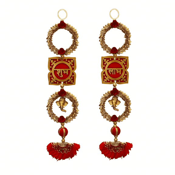 Indian store01 Red and Gold Wooden Shubh Labh Door Hanging for Entrance, 15 inch, Set of 2