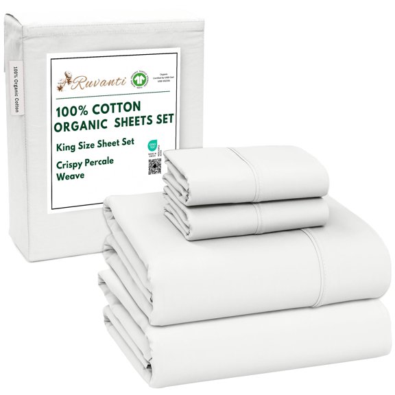 RUVANTI 100% Organic Cotton Sheets - King Size Sheet Set - 4 Piece Percale Weave Bedding, Crisp, Cooling & Breathable, Soft & Durable, 16" Deep Pocket, Hotel Quality Sábanas - Bit of Blue