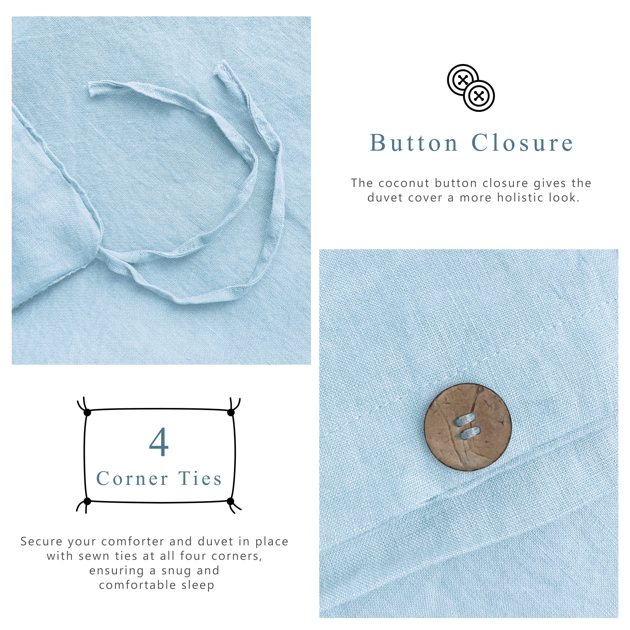 100% Pure Linen Duvet Cover with Button Closure and Corner Ties Soft & Breathable - Blue Full/Queen