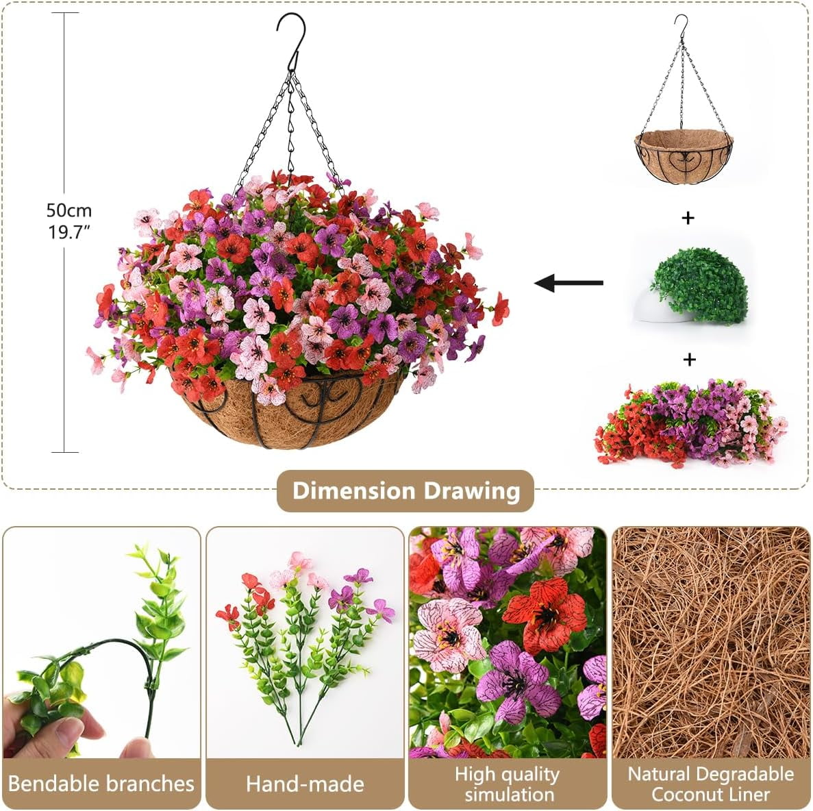 Artificial Hanging Flowers for Outdoor Indoor Spring Decor,Faux Silk Flower Arrangement,6 Branches Daisy with 12 Inch Coconut Lining Chain for Garden Decoration(Purple White Rose)