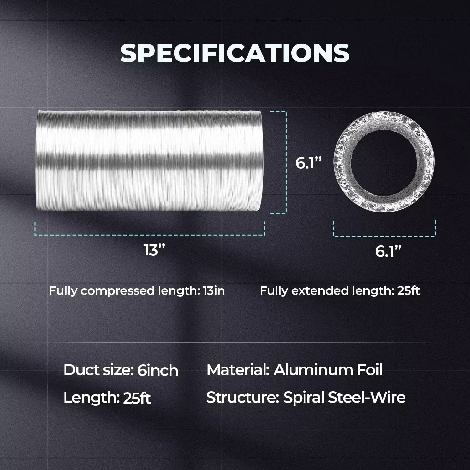 iPower 1-Pack 6" x 25ft Aluminum Duct Hose, Non-Insulated Flexible Ventilation for Grow Tents, Dryers & HVAC