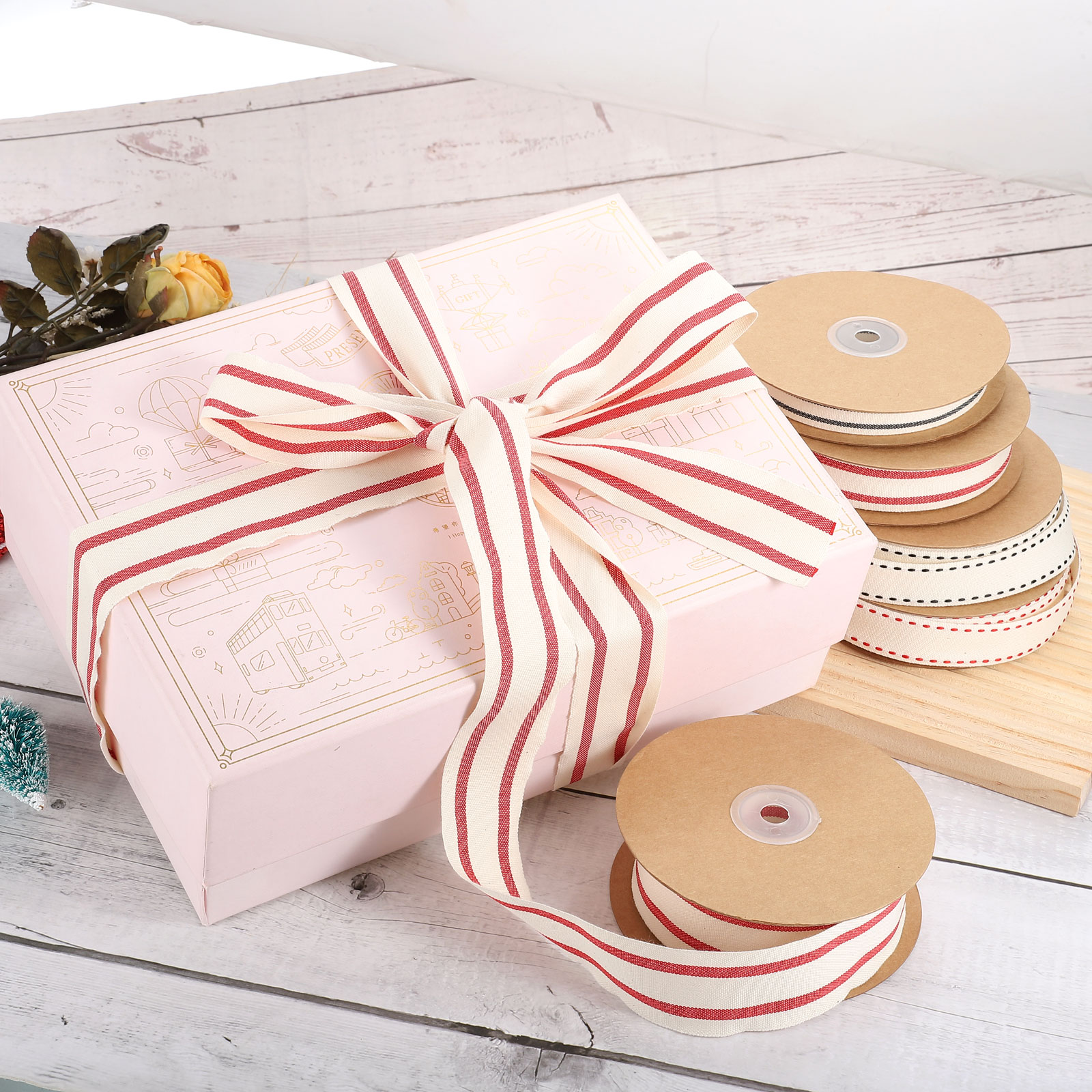 Unique Bargains Natural Cotton Striped Ribbon Gift Wrapping Natural Black 20 Yd