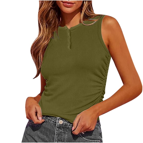 yillto Womens Ribbed Tank Sleeveless V Neck Buttons Basic Vest Shirts Summer Slim Crop Cami Tops