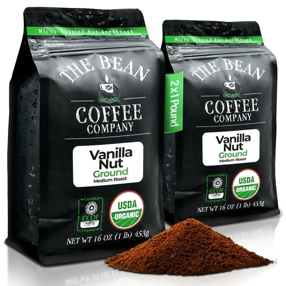 The Bean Organic Coffee Company Vanilla Nut, Medium Roast, Ground Coffee, 16-Ounce Bags (Pack of 2)