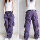 thumbnail image 2 of Pantalones Cargo morados para mujer, pantalones Hiphop de algodón con bolsillo de talla grande XXXXXXL, pantalones informales holgados, pantalones para correr de pierna ancha, 2 of 5