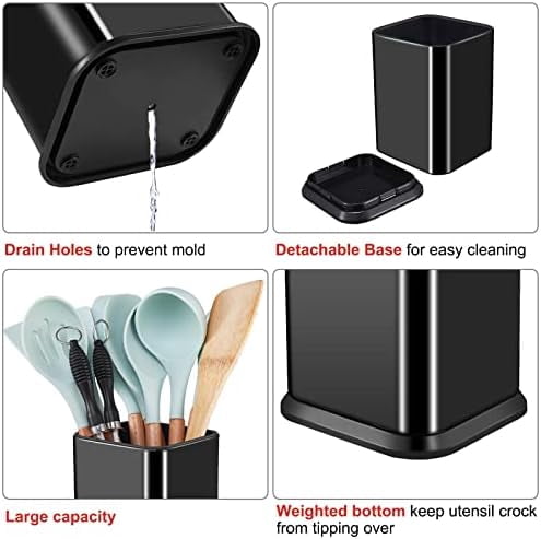 Stainless Steel Kitchen Utensil Holder for Countertop, Spoon Spatula Organizer,Modern Rectangular Large Cooking Utensil Caddy Counter,Utensil Crock (Stainless Steel Black)
