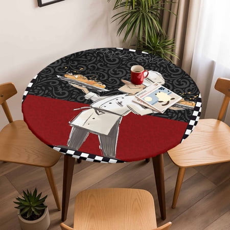 Funny Chef Kitchen Cooking Round Fitted Tablecloth with Elastic Edge Waterproof Table Cloth Fits Tables Up to 45 -54 Wipeable Washable Table Cover for Indoor Outdoor Dinning Black and White Checker