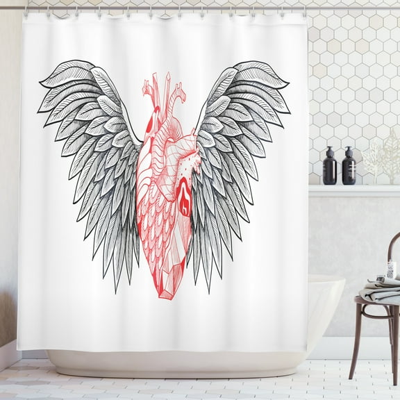 Angel Wings Shower Curtain, Heart with Wings Anatomy of Love Human Body Gothic Valentines Day Theme, Fabric Bathroom Set with Hooks, 69"WX70"L, Vermilion and Grey, by Ambesonne