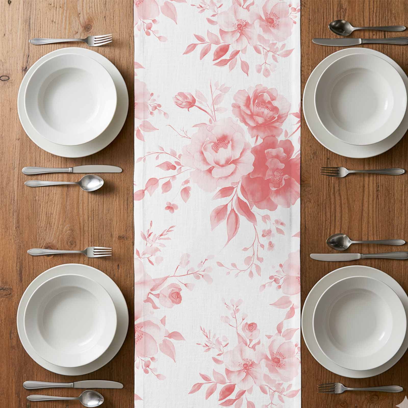 Spring Floral Cotton Linen Table Runner Classic Pink Gradient Flowers Dining Table Runners for Home Decor Party Dining Room Restaurant Kitchen 13" x 120"