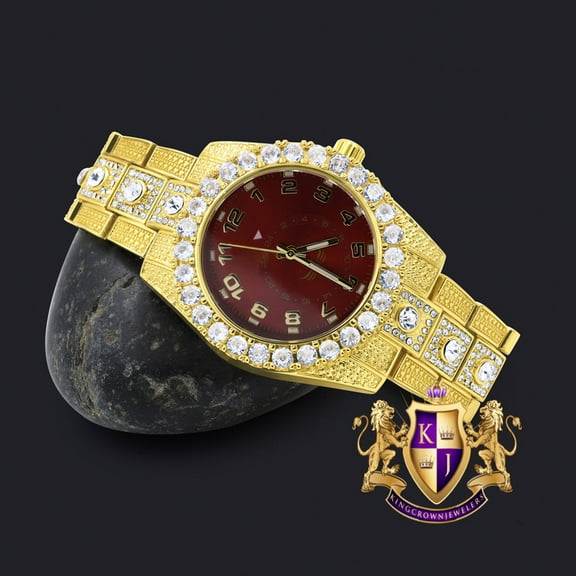 Red Dial Solitaire 14K Gold Tone Simulated Diamond Water Resistance Steel Back Metal Band Watch 40mm