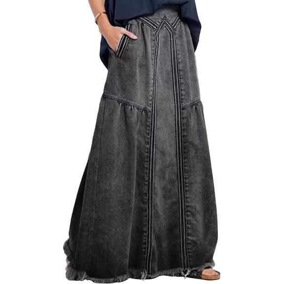 Women's Casual Elastic Waist Frayed Hem A-Line Distressed Hippie Long Maxi Denim Skirt
