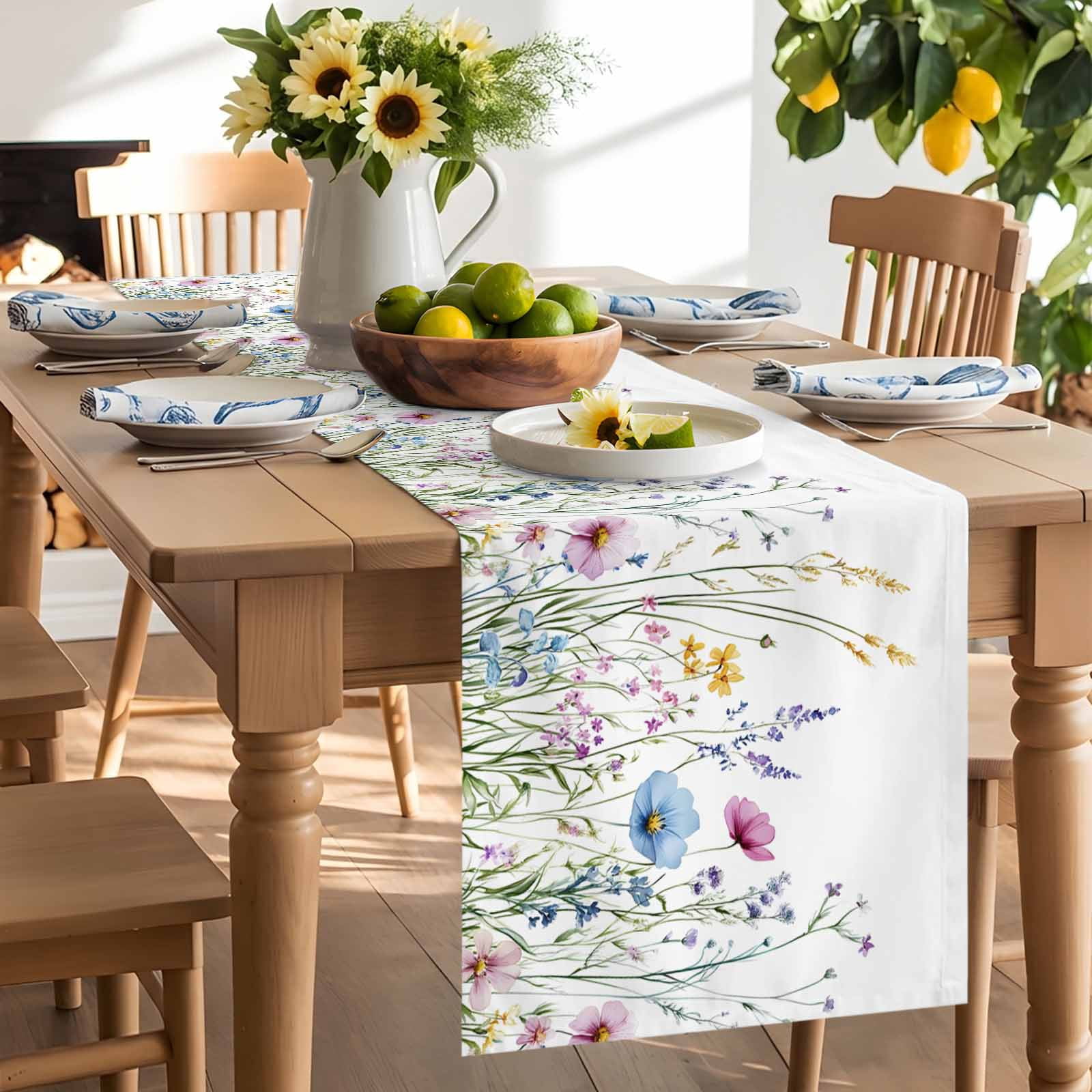 Farm Flower Watercolor Wildflower Table Runner 90 Inches Long, Farm Plant on White Table Runners Tabletop Scarf Kitchen Dining Tables Decoration for Home Party Indoor Outdoor