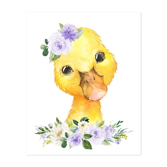 Duck, Farm Animals, Barn Animals, Barnyard, Purple Flowers, Gender Neutral Nursery - Illustration Watercolor Floral Animal Whimsical Unframed Wall Art Print 6 x 8 inches
