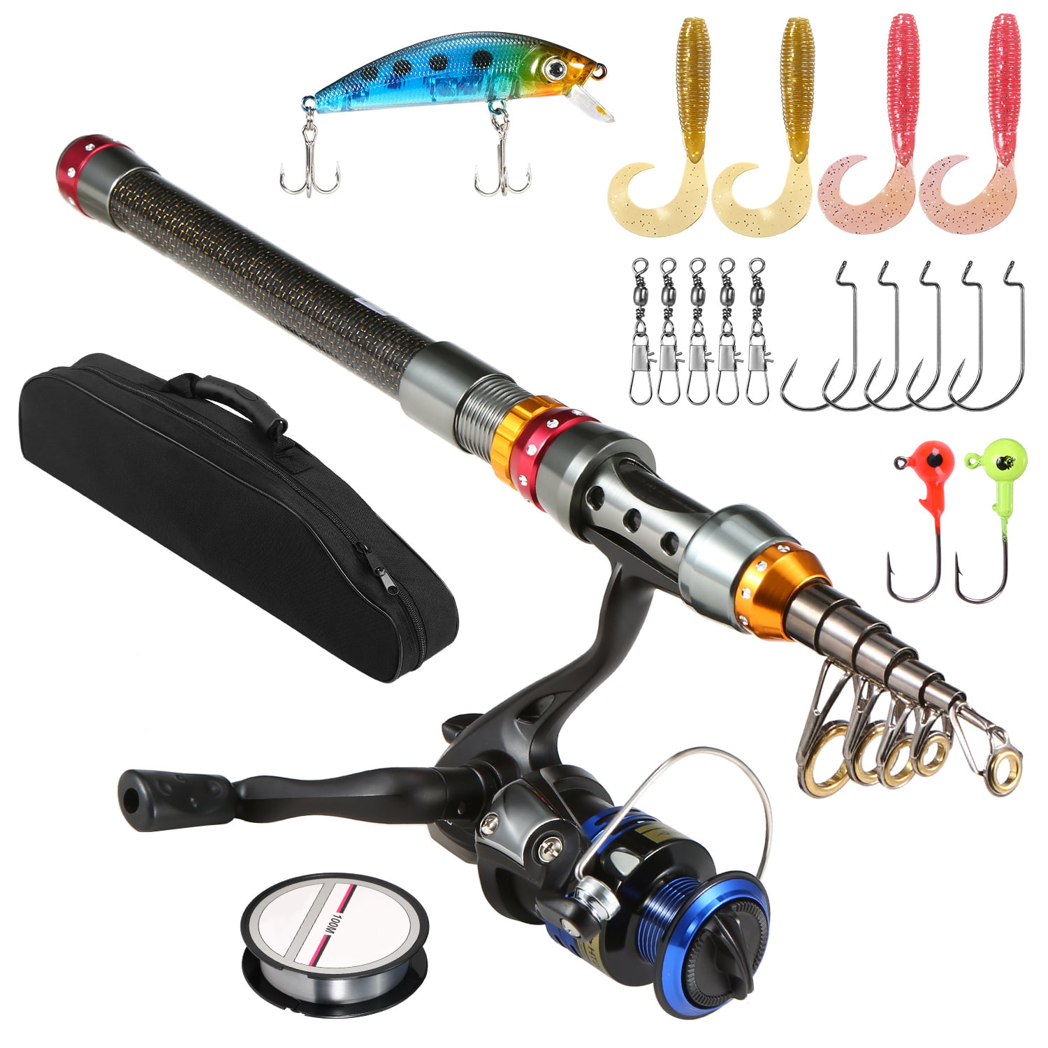 Spinning Fishing Reel Gear Organizer Pole Set with 100M Fishing Line Lures Hooks and Fishing Carrier Bag Case Fishing Accessories Lixada Telescopic Fishing Rod and Reel Combo Full Kit 