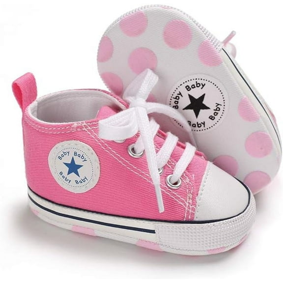 Unisex Baby High Top Sneaker, Soft Anti-Slip Sole, Canvas Denim, Newborn Infant First Walkers