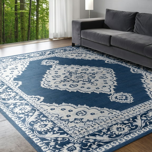Madison Traditional 5' x 7' Navy and Cream Polypropylene Indoor Area Rug
