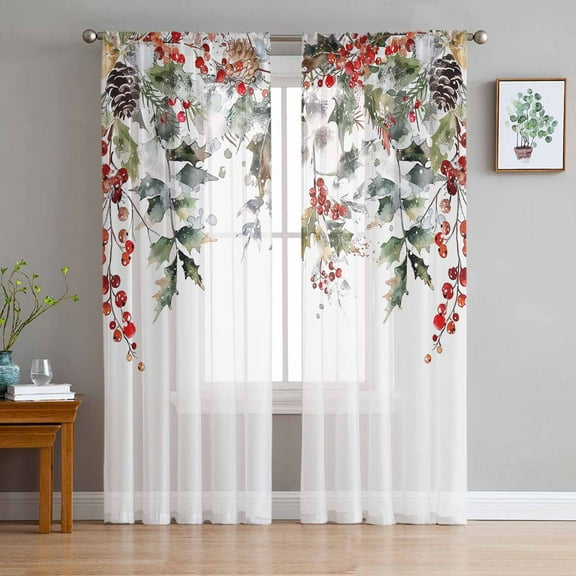Christmas Sheer Curtains 63 Inches Length 2 Panels Set, Window Sheer Curtains for Living Room/Bedroom, Xmas Tree Botanical Red Berry Pinecone Light Filtering Rod Pocket Curtain 52'' x 63'' x 2