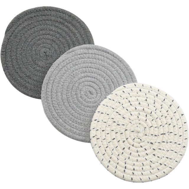 Juego de soportes para ollas calientes con tejido de hilo de algodón puro (juego de 3), posavasos elegantes, almohadillas calientes, soporte para cucharas para cocinar y hornear
