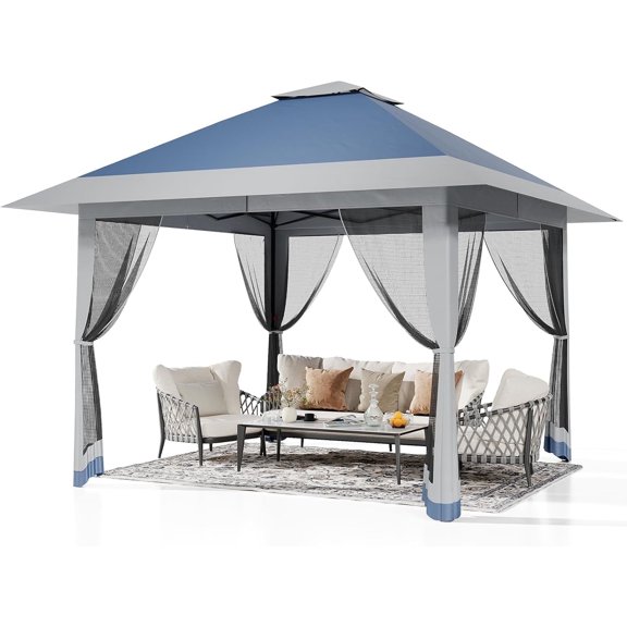 Goldensoil 13x13ft Pop up Gazebo with Mosquito Net & Double Roof for Patio Backyard Garden,Navy Blue