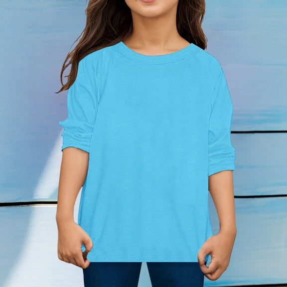 EliteGoogv Girls T Shirts Crew Neck Long Sleeve Solid Color Tee Tops For Girls Cute Style Vacation Tees Casual Fall Summer T Shirts Blue 8-9 Years