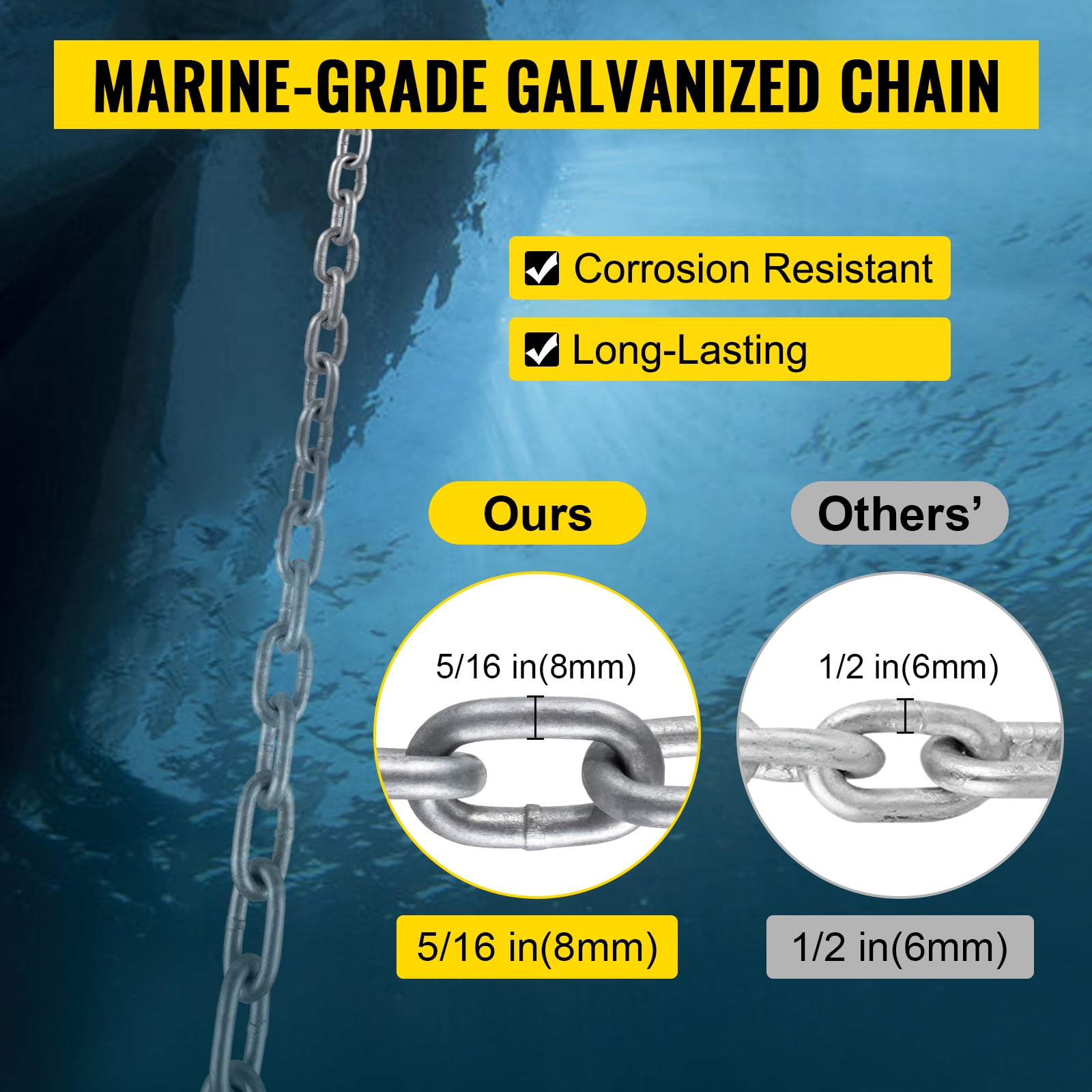 VEVOR Boat Anchor Chain 15' x 5/16" Galvanized Chain 1/2" x 200' Nylon Rope