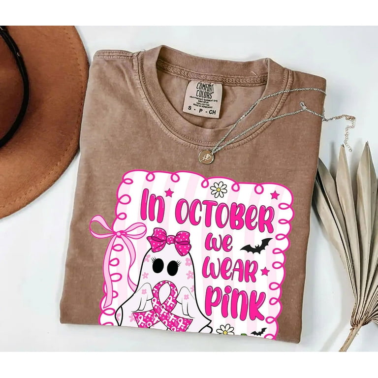 Comfort Colors Breast Cancer Awareness Shirt – In October We Wear Pink, Coquette Halloween Pink Ghost Tee, Preppy Pink Ribbon Support T-Shirt