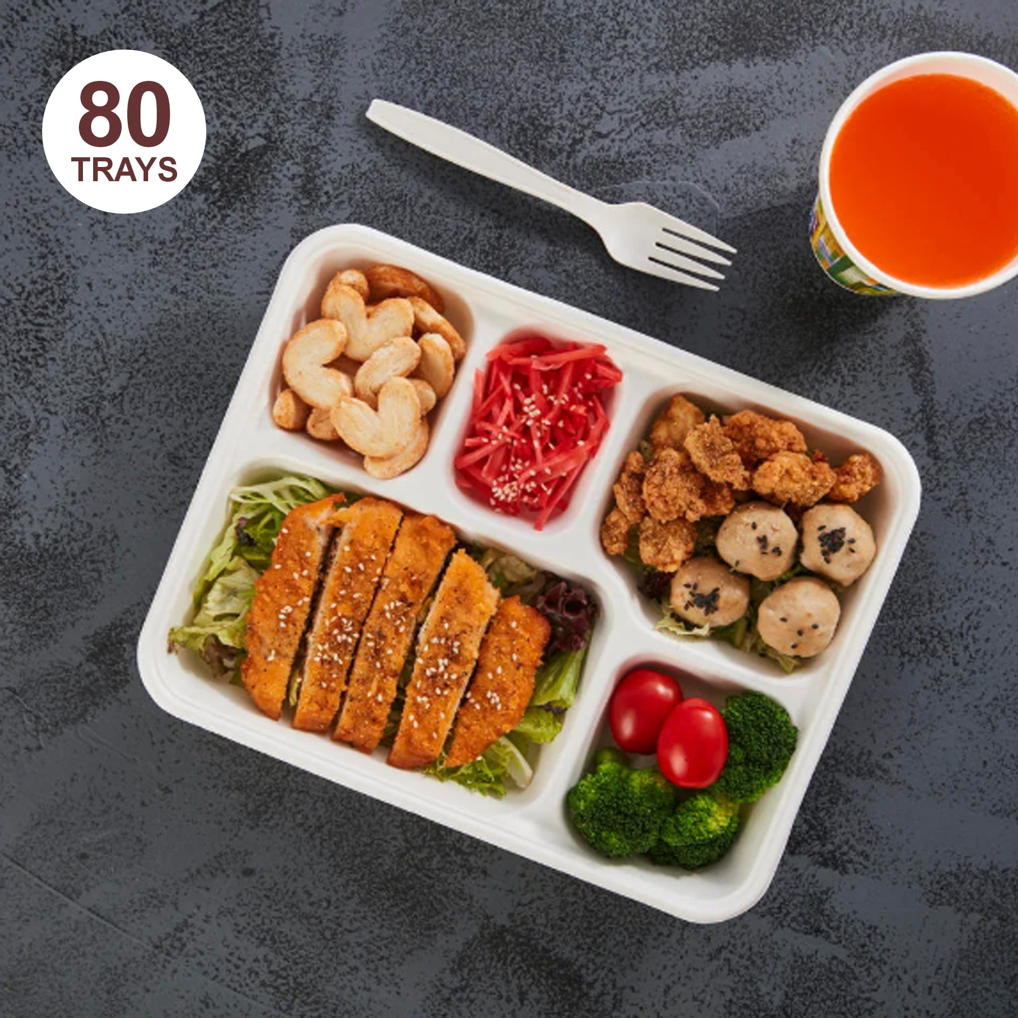Verka Go4Green Plateaux Bagasse 5 Compartiments 80 pièces