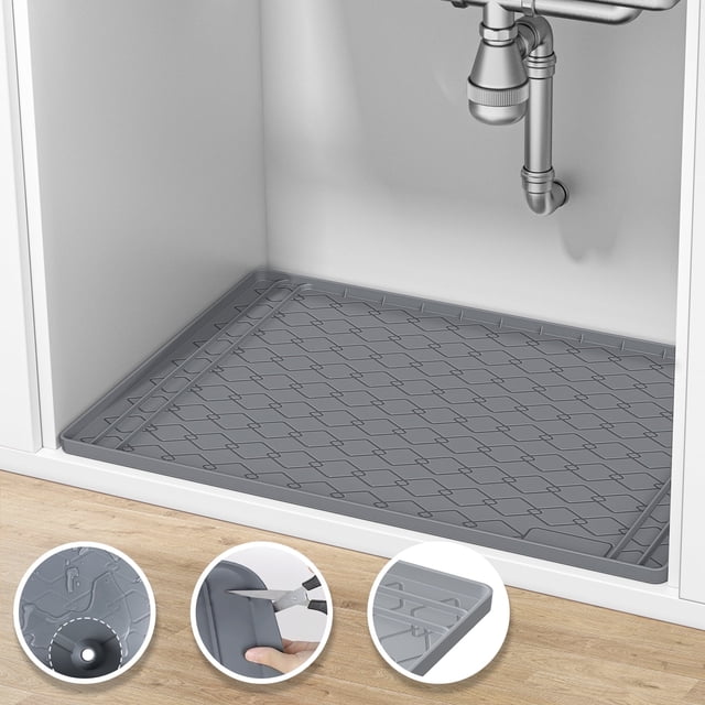 GPED Tapete Impermeable de 34" x 22" para Debajo Del Fregadero, Protector de Estante de Gabinete de Silicona Recortable con Agujero de Drenaje, Bandeja de Goteo para Debajo Del Fregadero de la Cocina