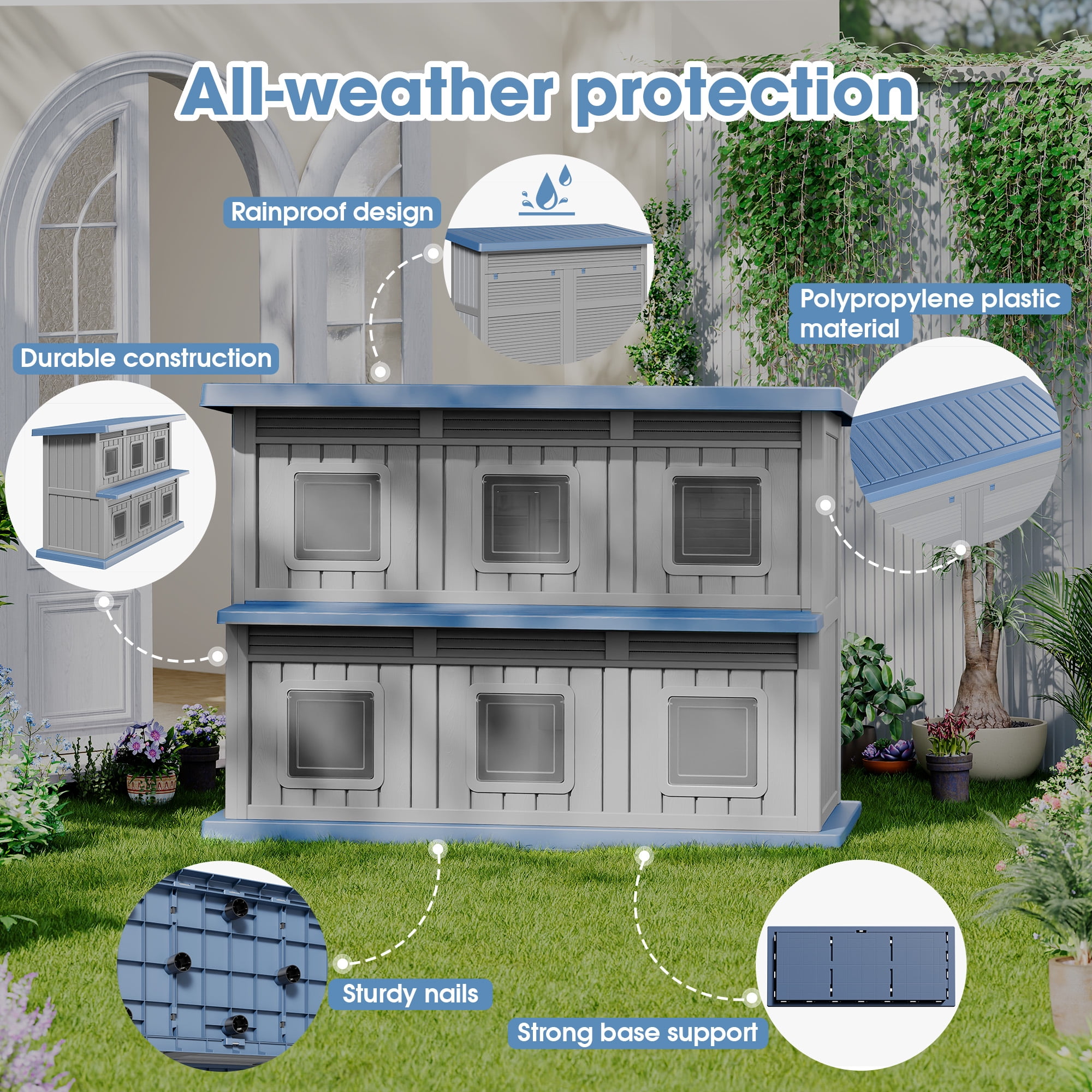 Bifanuo Outdoor Cat House,Double-Decker Resin Cat House,Weatherproof UV Protection Cat Shelter for Feral Cats,Assemble Easily for Home & Yard,Blue&Gray