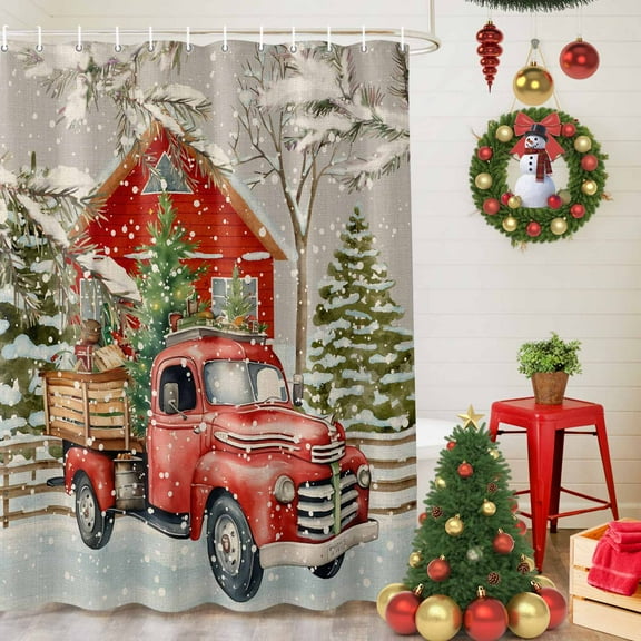 Shower Curtain Bathroom Set Christmas Tree Farm Truck on Gray Waterproof Fabric Shower Curtains with Grommets&Hooks Red Farmhouse Pine Leaves Privacy Bath Curtain for Bathtub 36x72in