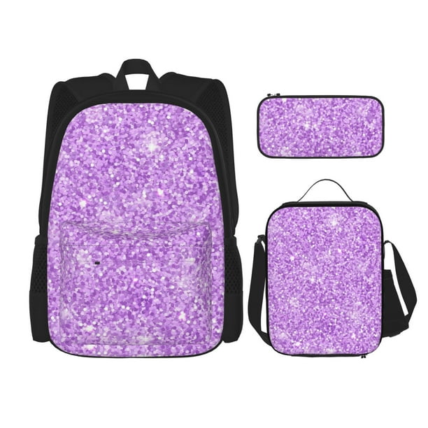 Easygdp Lilac Glittering Mochila para Niños y Niñas con Set de Caja de Almuerzo y Estuche para Lápices 3 en 1, Mochila Escolar Estampada para Adolescentes