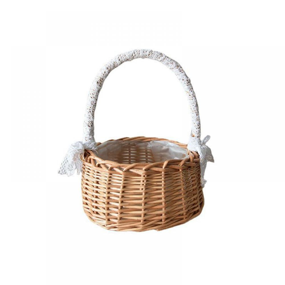 Flower Girl Baskets Wicker Woven Basket Willow Hand Woven Basket with Handle and Lace Bow Picnic Basket Woven Eggs Candy Basket Flower Basket for Wedding 