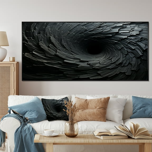Designart "Fractal Spirals in Black" Extra Large Abstract Framed Wall Art - Transitional Black Abstract Spirals Living Room Framed Canvas Art