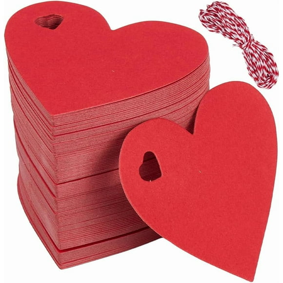 200Pcs Heart Shape Name Tags Red Paper Tags with Jute String 6 x 6.5cm Small Blank Display Writable Hanging Clothing Price Labels for Wrapping Pricing Wedding Christmas Arts Crafts Decoration