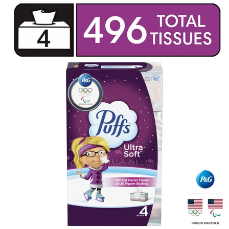 Puffs Ultra Soft Facial Tissues, 4 Family Size Boxes, 124 Facial Tissues per Box