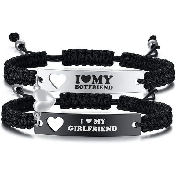 Heart Matching Couples Bracelets - Adjustable Braided I Love My Boyfriend Girlfriend Long Distance Bracelets, Lovers His Hers Relationship Promise Bracelet Jewelry Anniversary Birthday Gifts
