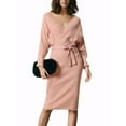 thumbnail image 2 of INSPIRE CHIC Women's Midi Dress Deep V Neck Batwing Long Sleeve Belted Wrap Sweater Dress L Pink, 2 of 6
