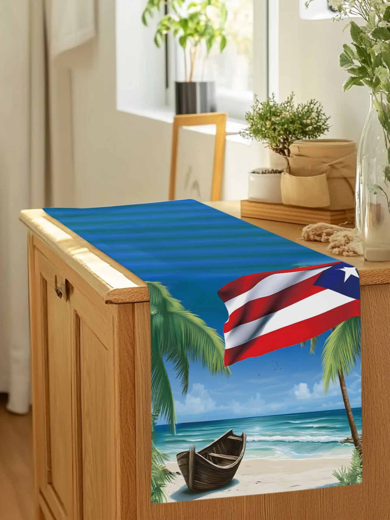 Beach Palm Trees Retro Flag Table Runner 90 Inches Long, Summer Ombre Ocean Waves Table Runners Tabletop Scarf Kitchen Dining Tables Decoration for Home Party Indoor Outdoor