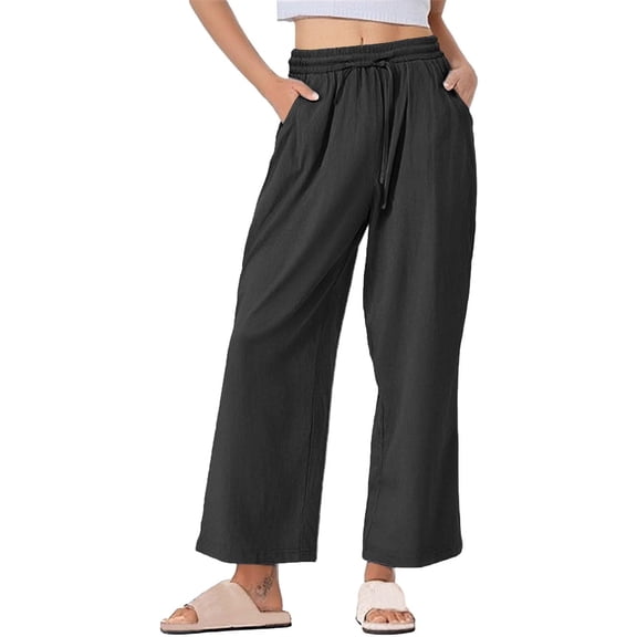 hoksml Womens Wide Leg Pants Solid Color Loose Plus Size Cotton Linen Pants Elastic Waist Tie Casual Nine-quarter Pants Straight Leg Pants S-5XL