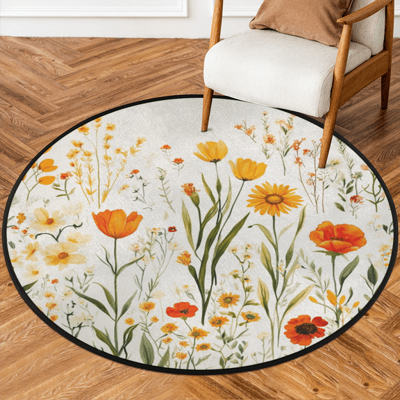 CURLYOOT Round Rug 3ft Watercolor Summer Floral Yellow Area Rug, Washable Circle Mat Non Slip Floor Carpet Mat, Soft Indoor Rugs for Entryway Living Room Dining Room Bedroom