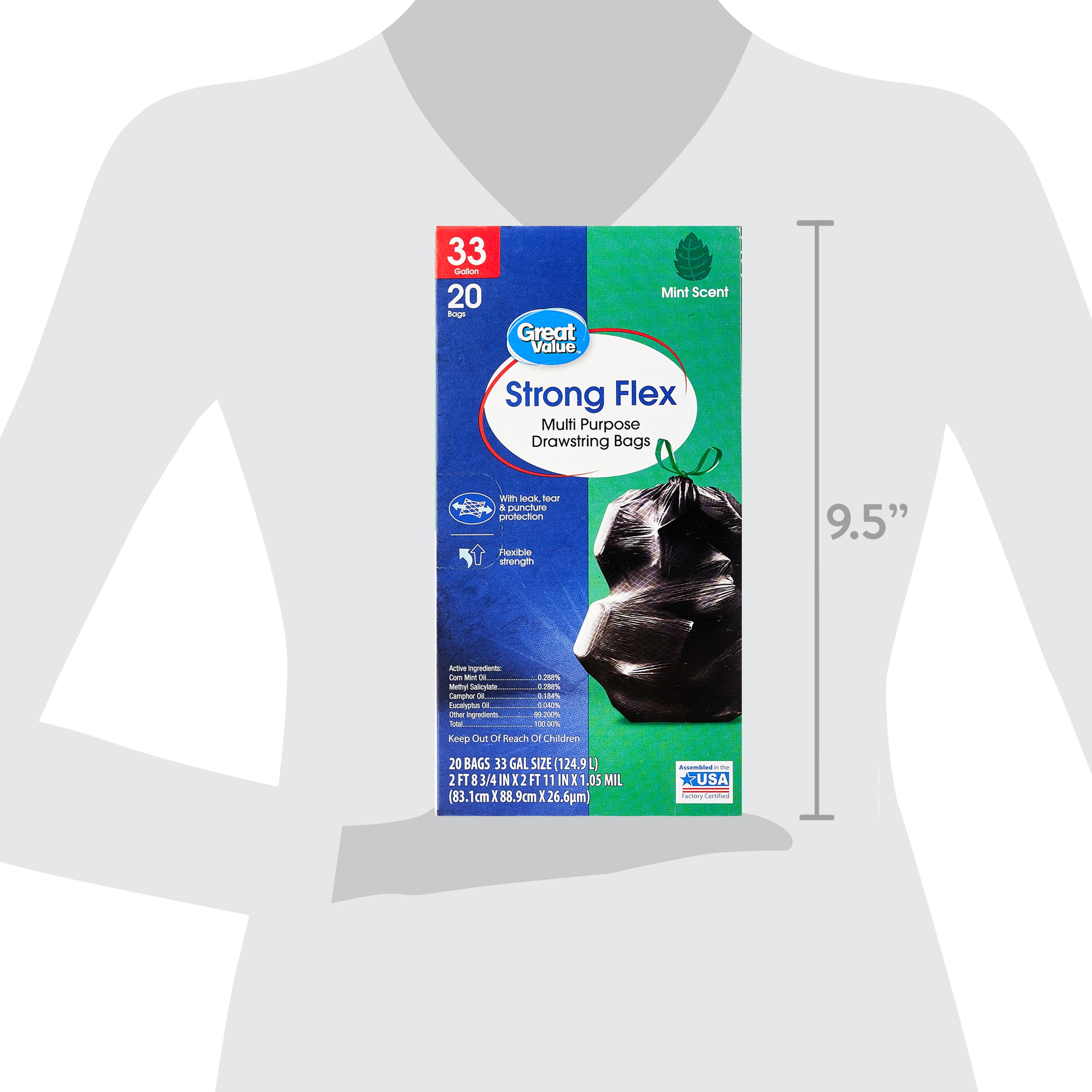 Great Value Mint Scent Strong Flex Multi-Purpose Trash Bags, 33 Gallon, 20 Count