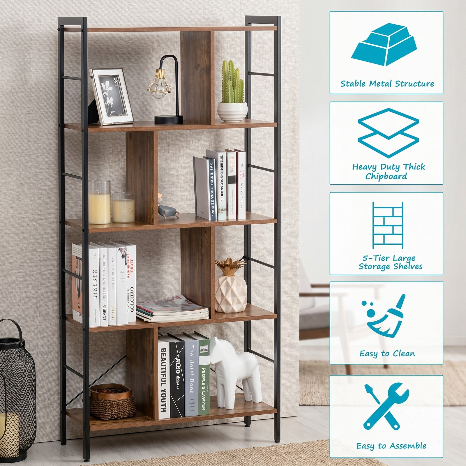 Furnibear 4-Tier Industrial Freestanding Bookshelf, Wood and Metal Frame Bookcase Open Storage Shelf with Anti-Toppling Device for Living Room Bedroom, Rustic Brown