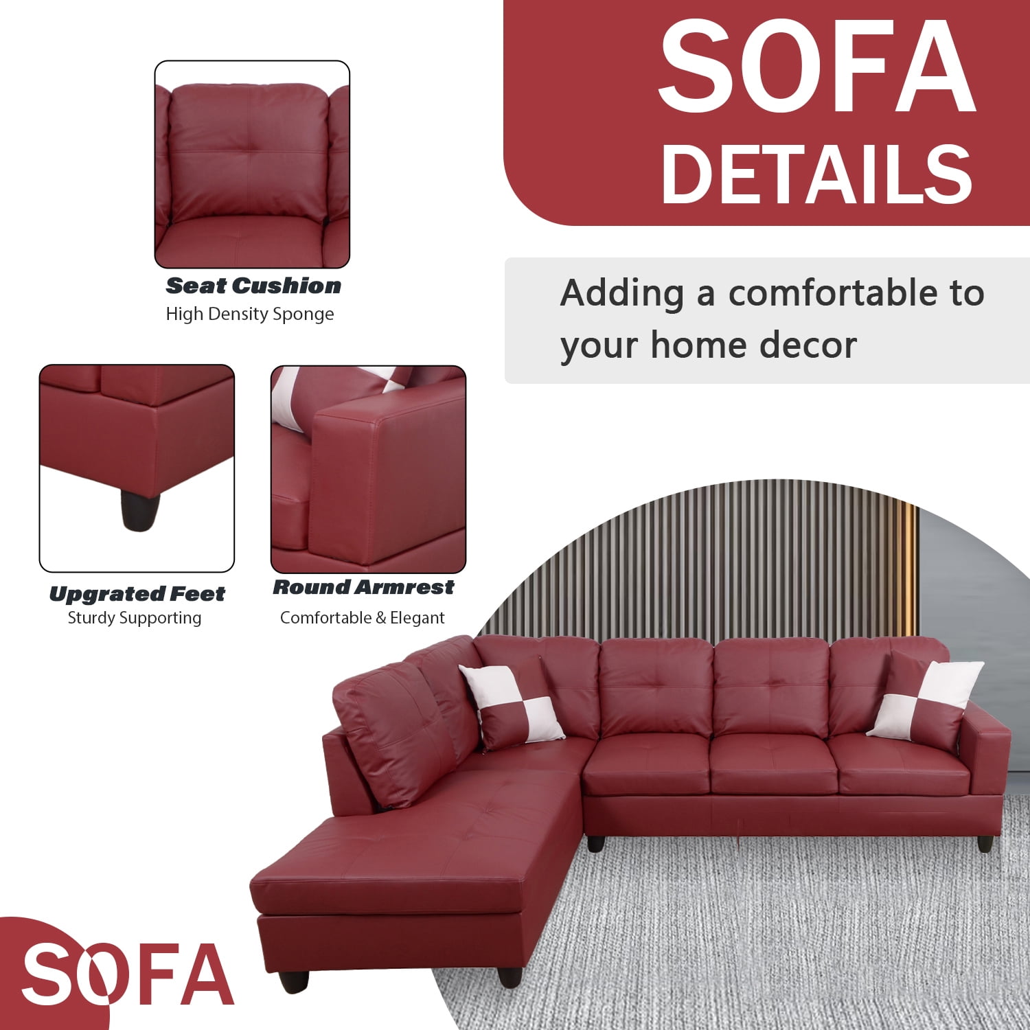 Sectional Couch for Living Room Furniture Sets, Faux Leather L Shape Living Room Sofa with Chaise 2 Piece Using for Apartment, Office, Bedrooms, Red (Facing Left Chaise)