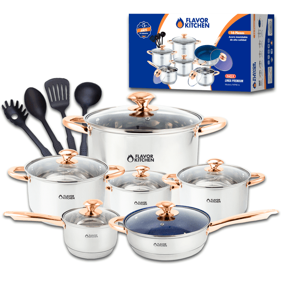 Flavor Kitchen Batería de Cocina 16 Piezas | Sartenes Antiadherentes y de Acero Inoxidable Quirúrgico | Juego de Ollas y Sartenes | Apto para Inducción, Horno y Lavavajillas | Libre de PFOA y PTFE