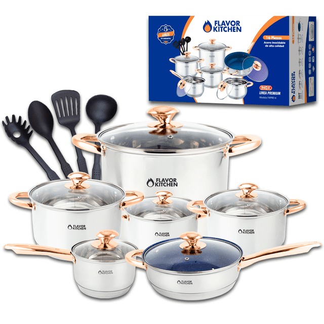 Flavor Kitchen Batería de Cocina 16 Piezas | Sartenes Antiadherentes y de Acero Inoxidable Quirúrgico | Juego de Ollas y Sartenes | Apto para Inducción, Horno y Lavavajillas | Libre de PFOA y PTFE