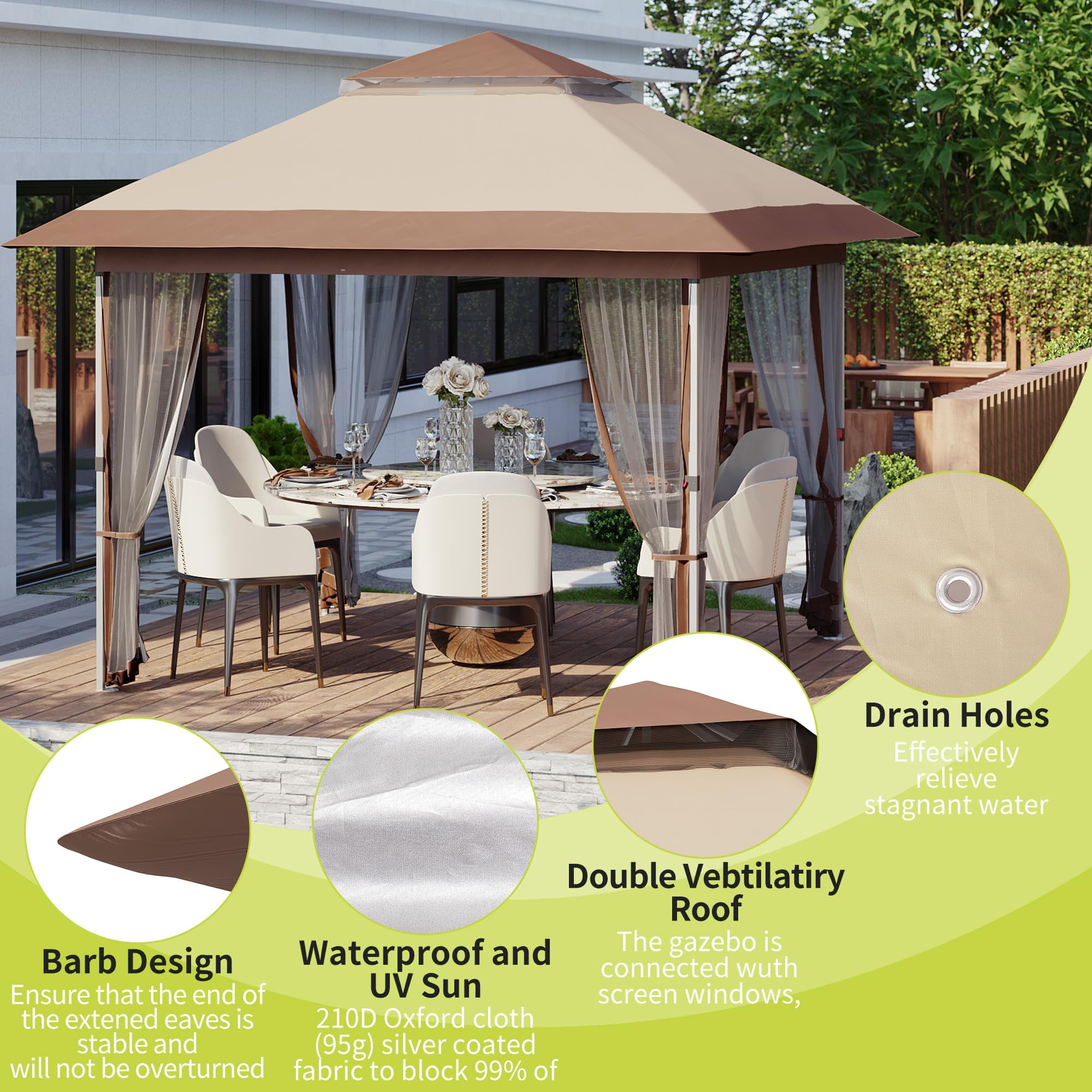 Kojooin 10x10 Pop Up Gazebo, Outdoor Canopy Tent with Mosquito Netting, Pop Up Canopy Tent with Curtains/Adjustable Height/Wheeled Carrying Bag for Patio Garden Backyard Lawn