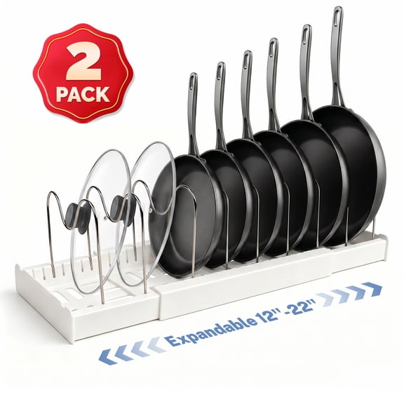 Pots and Pans Organizer Rack for under Cabinet,Qissep Expandable 12.6" to 22.4" Cabinet Rack for Pots & Lids, Holder with 10 Adjustable Compartment, 2 Pack,White