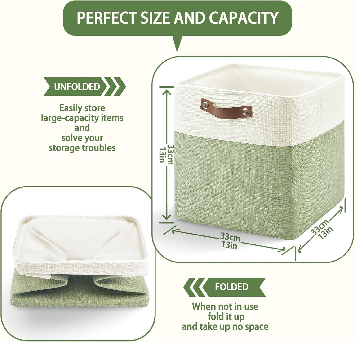 13 Inch Cube Storage Bins,Set of 4 , Foldable Storage Basket with PU Handles for Organizing Home, Closet, Clothes, Toy, Book, Laundry,Office, Organizers for Shelves(White&Green)