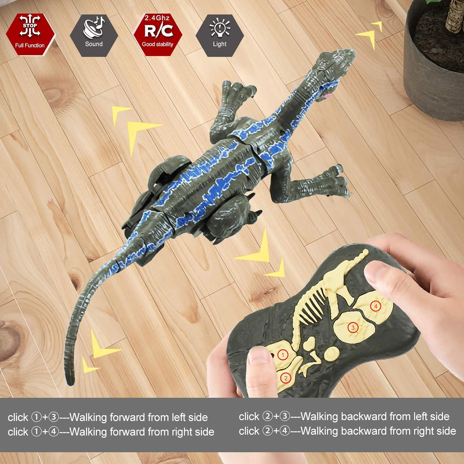 UFULMN Remote Control Dinosaur Toys for Boys Kids Girls Electronic RC Robot Toy Walking Roaring Velociraptor Jurassic Dino Rechargeable Raptor Blue