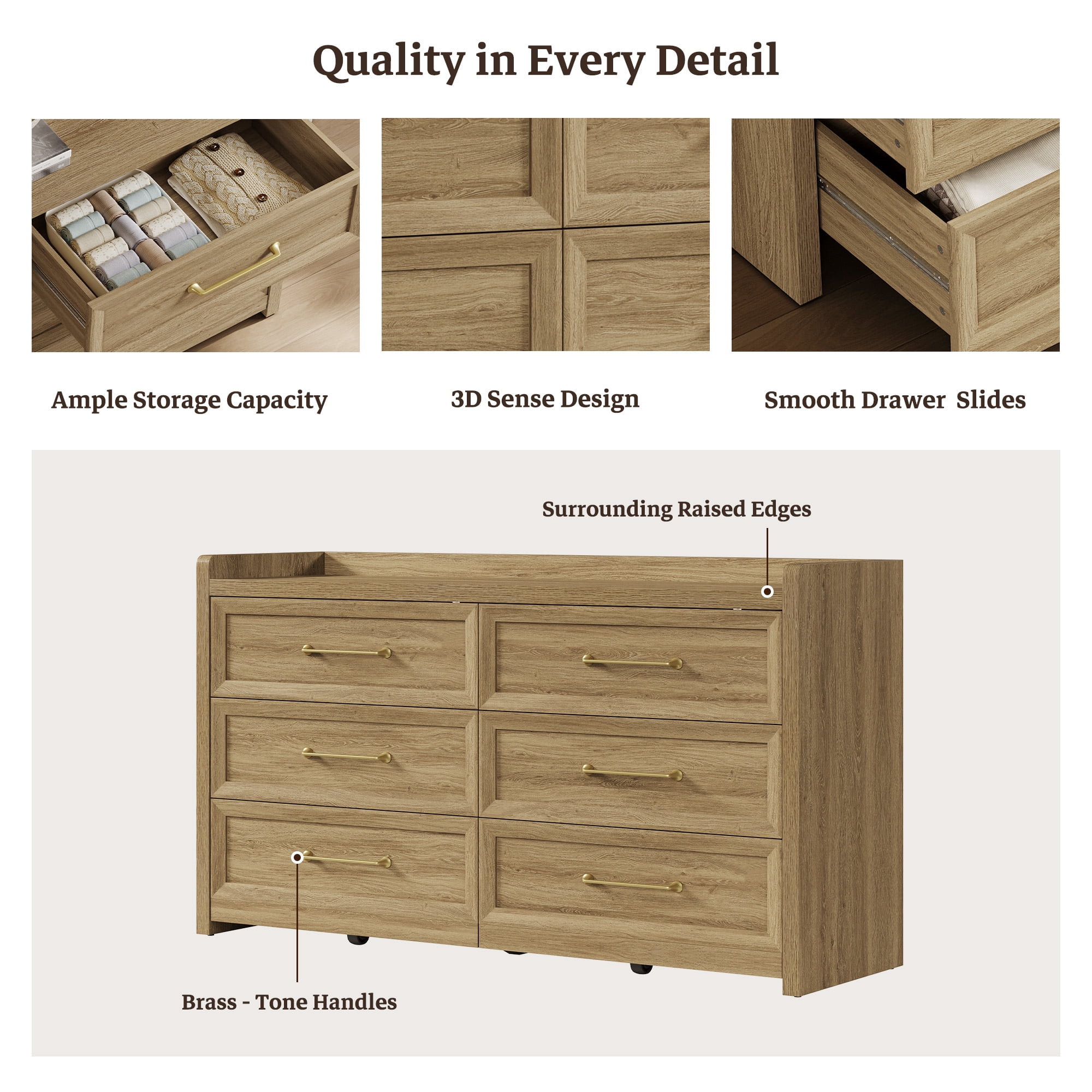 SICOTAS 56.4"W Farmhouse 6 Drawer Double Dresser, Long Chest of Drawers with Brass-tone Handles & Rolling Wheels, Wooden Dresser Storage Cabinet for Bedroom Living Room, Brown Oak